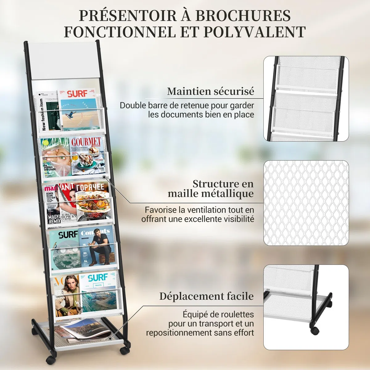 SUNDOY Revistero sobre ruedas de 5 niveles, exhibición de revistas y catálogos de pie, soporte móvil para oficina, ferias, hogar y hogar (5 capas, 32,5 cm de ancho)
