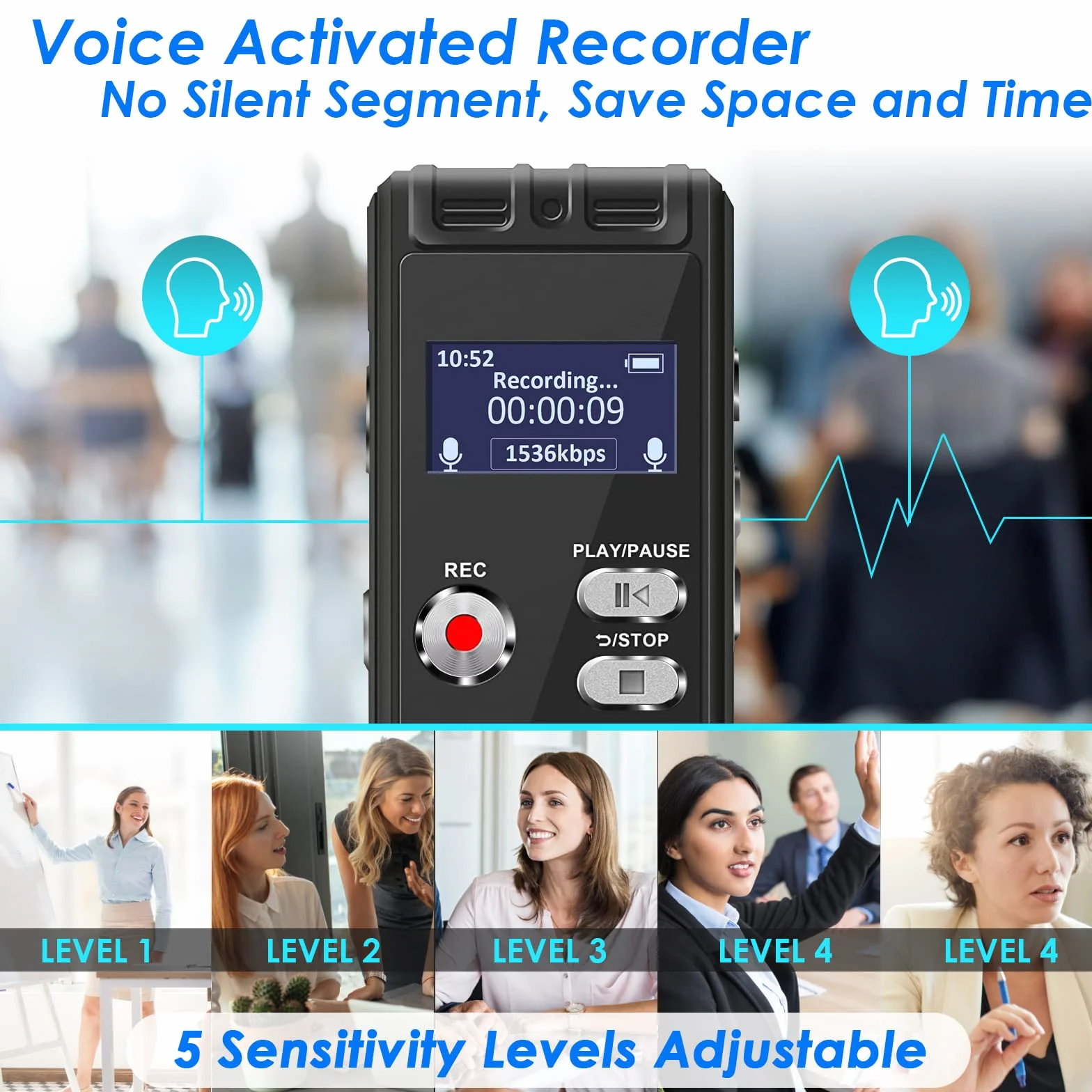 Grabadora de Voz Activada 16GB Portátil con Reproductor MP3 y Contraseña