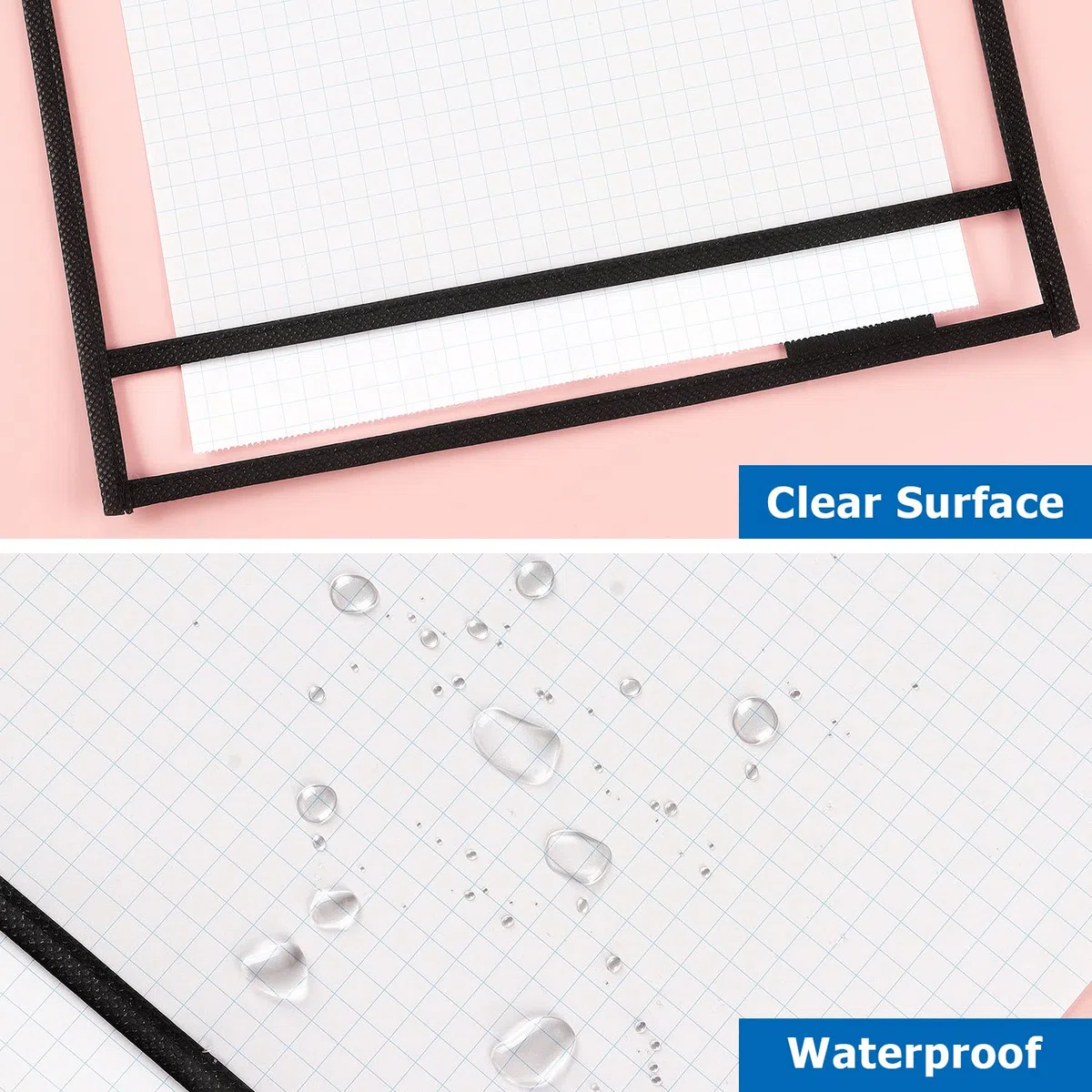 Paquete de 8 fundas de bolsillo de borrado en seco con anillos, soportes para boletos de 10 x 14 pulgadas, fundas de plástico transparente para profesores, suministros de aula (negro)