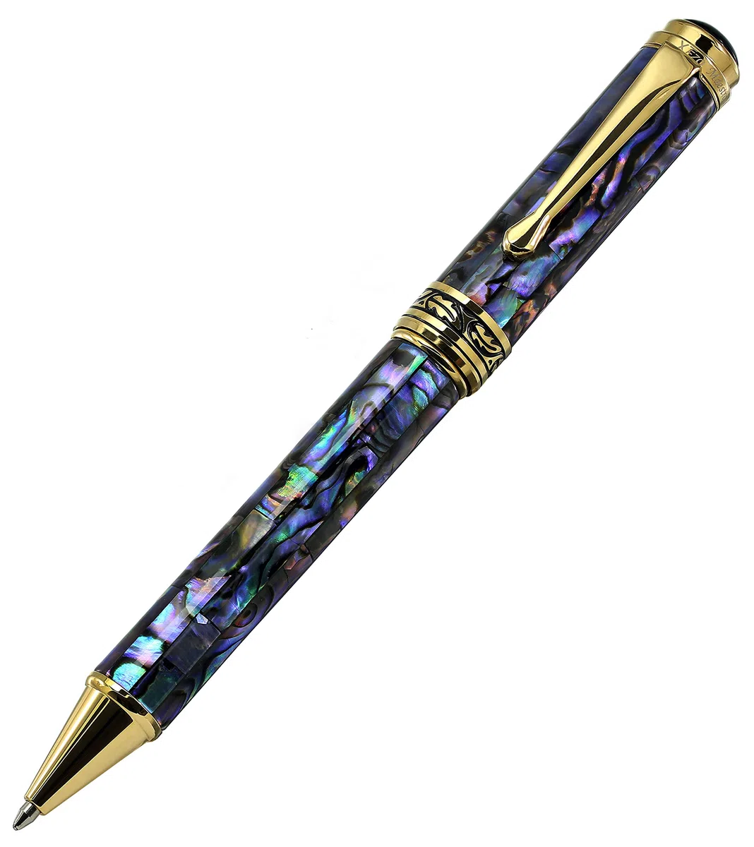 Xezo Bolígrafo Paua Abalone de Nueva Zelanda, chapado en oro de 18 quilates, diámetro del bolígrafo: 12 mm, longitud de 145 mm, peso 46 g. (Maestro SeaShell B)