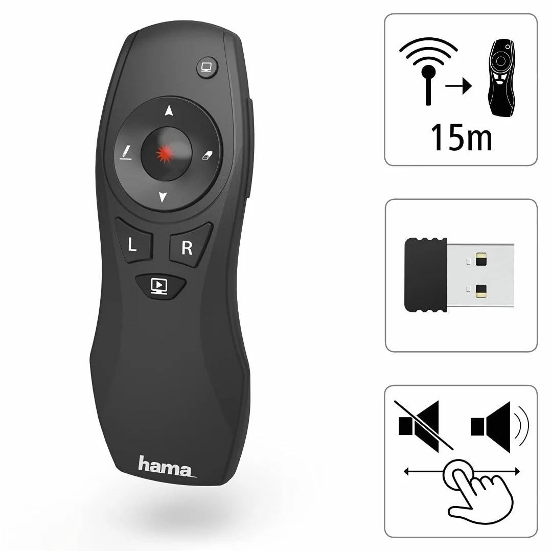 HAMA | Presentador Láser Inalámbrico 6 en 1 (Puntero Presentaciones, Control Profesional, hasta 15m de Distancia, Receptor USB, Universal) Color Negro.