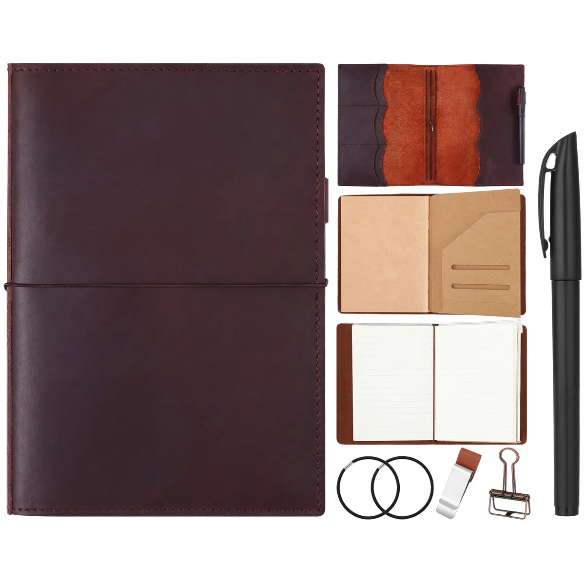 Eaasty El kit de accesorios para viajeros incluye funda de cuero para cuaderno con bolsillos interiores, recambio de cuaderno de viaje A5, soporte para bolígrafo, clip para carpeta y bandas elásticas
