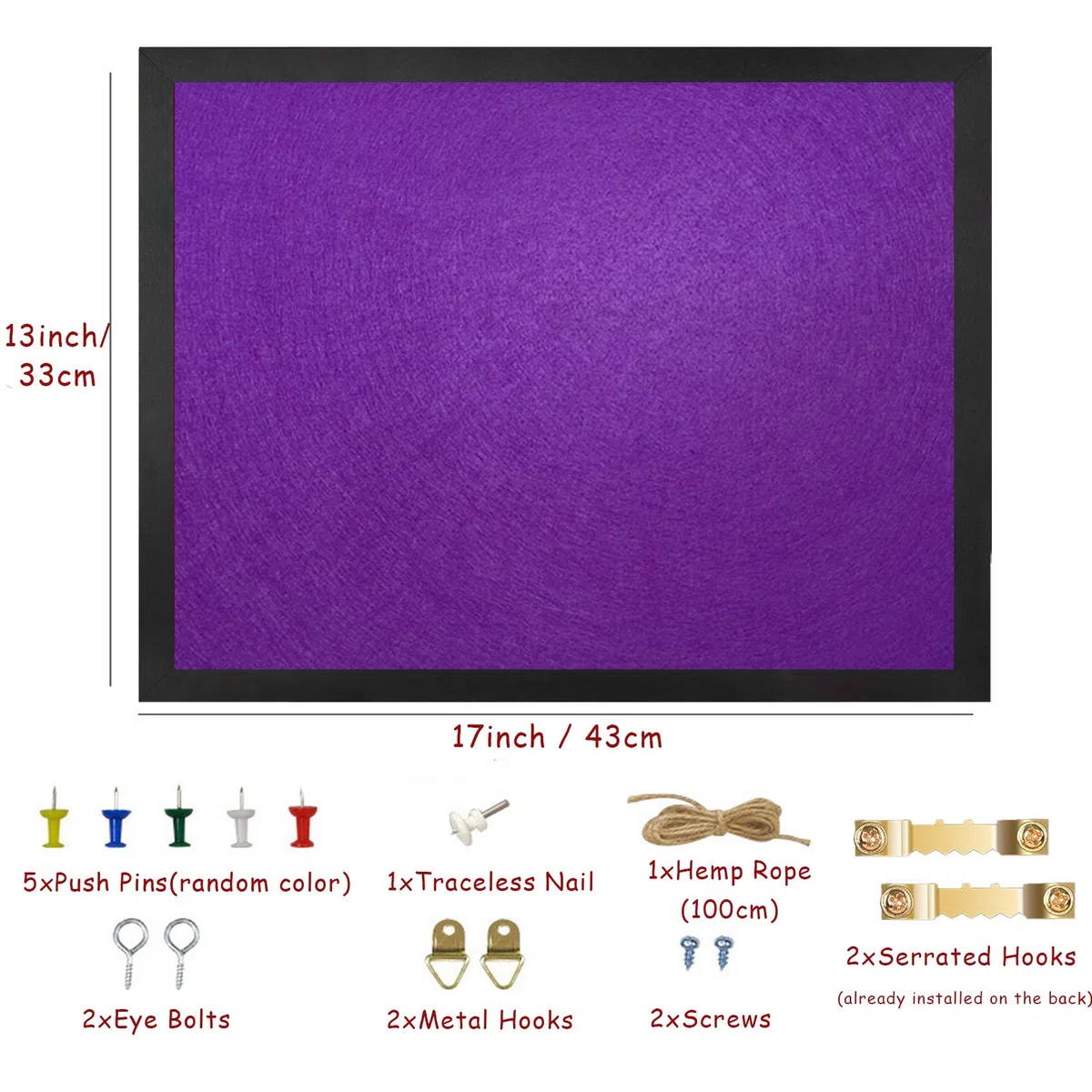 Tablón de anuncios morado de corcho con fieltro, 43 x 33 cm, pequeño tablero de visión para paredes, joyas, notas, colección, fotos, oficina, marco negro y tablero de fieltro morado, 1 unidad, Reino