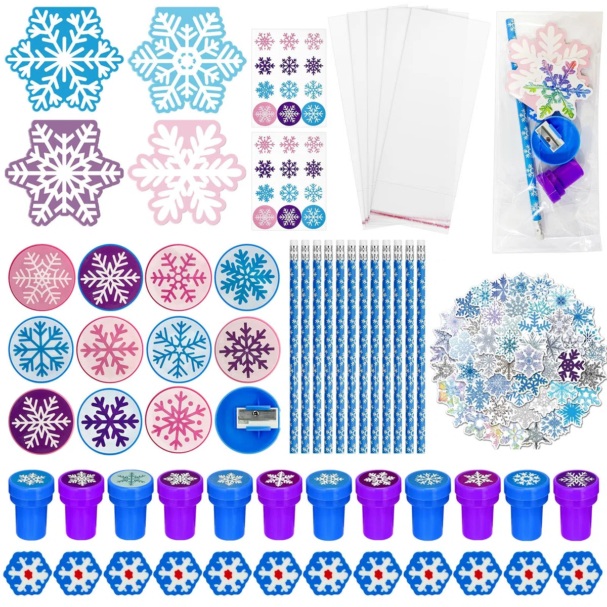 Cinrobiye Juego de 194 piezas de copos de nieve de invierno congelados, recuerdos de fiesta de Navidad, aulas, intercambio, escuela, premios, blocs de notas, lápices, sacapuntas, gomas de borrar