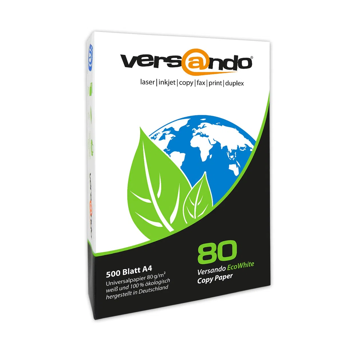 versando 2.500 hojas de papel reciclado DIN A4 EcoWhite 80g papel de copia | Papel de impresora Eco alta blancura ISO 90 - Certificado Ángel Azul - Papel ecológico