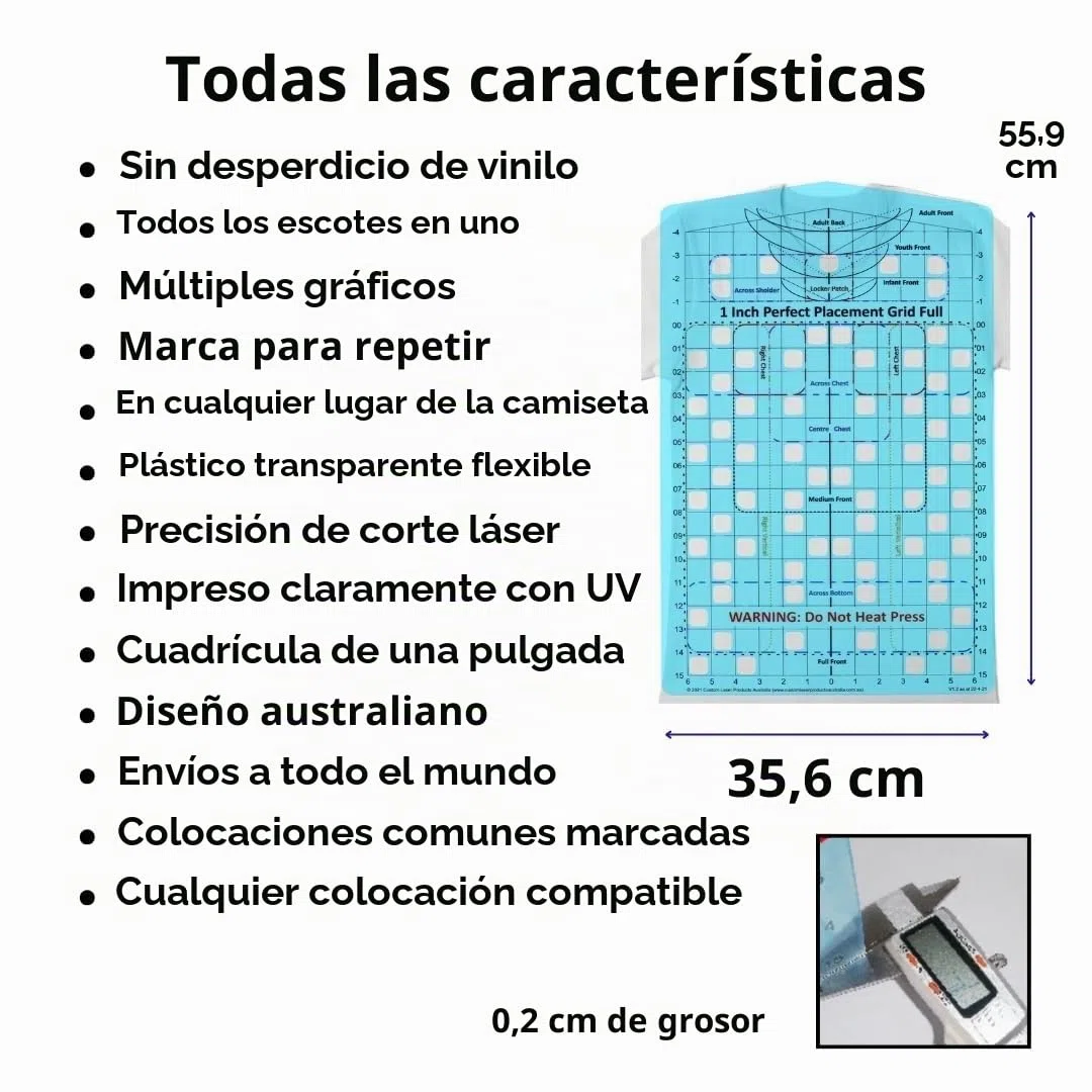 Guia de regla para camisetas, alineacion completa | Disenado y fabricado en Australia; DTF y bordado; PETG; alineacion HTV
