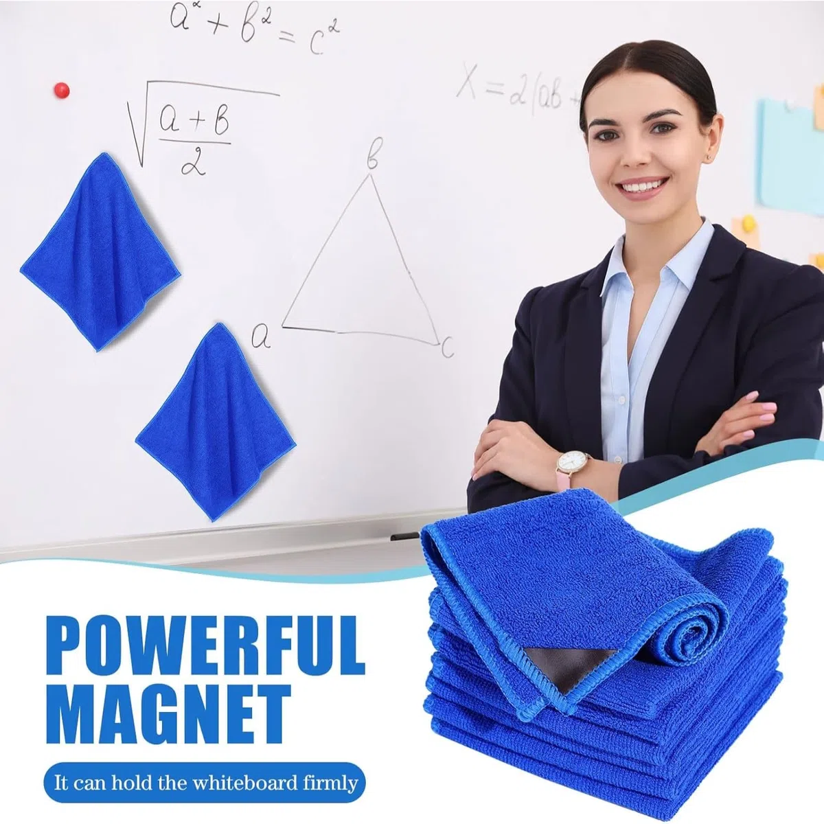 Nuenen 24 Paños de Limpieza Magnéticos Borrador de Borrado en Seco de Microfibra Borrador de Pizarra Blanca Magnética Borradores en Seco Lavables Reutilizables para Oficina Aula, 25 x 25 cm, Azul