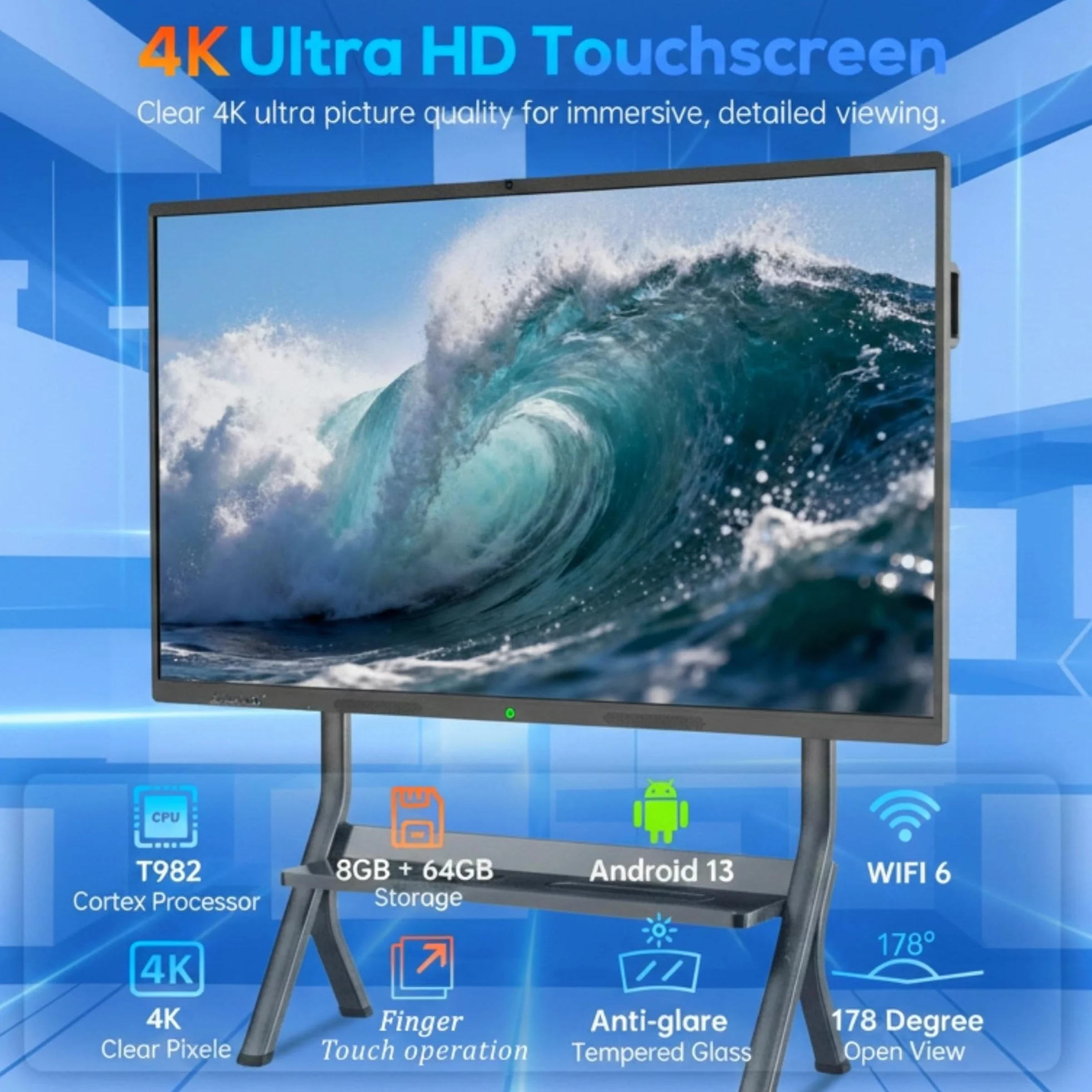 MWE 86 Pulgadas 4K UHD White Board, 8+64GB, Pantalla Tactil Pizarra Digital Interactiva, Pizarra Electrónica Grande, Eingebautes Mikrofon, Kamera, Adecuado para la Oficina, la Educación y el Hogar