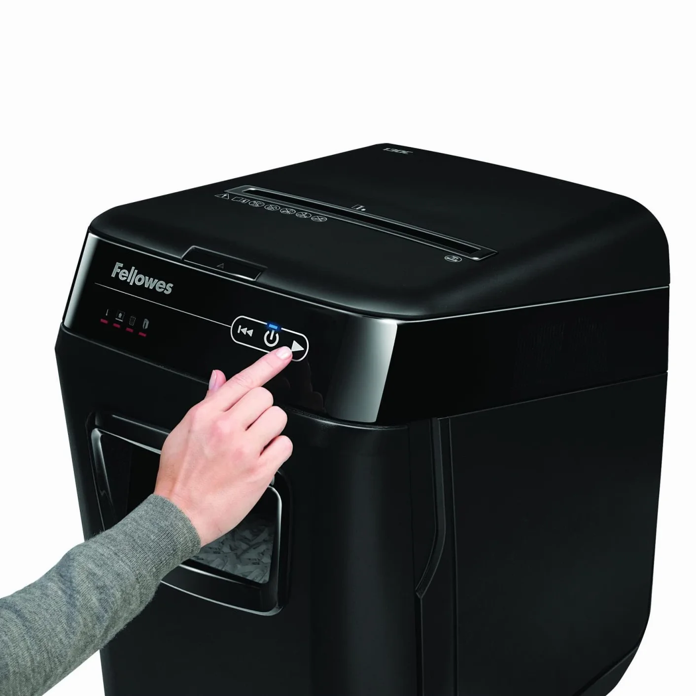 Fellowes AutoMax 150C - Trituradora de Papel híbrida, Corte en partículas (DIN-P4), destruye 150 Hojas de Manera automática y 8 manualmente, trituradora de Papel para Oficina, Papelera 32L, Negra