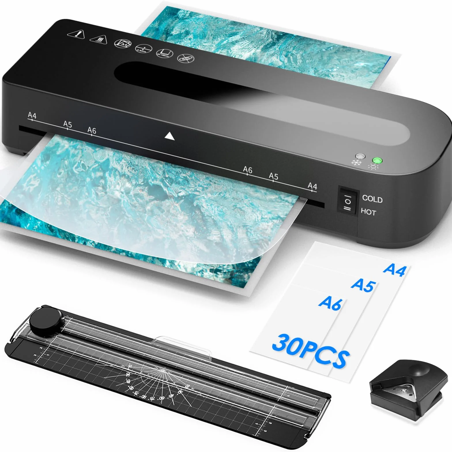 Máquina Laminadora A4 4 en 1 Plastificadora con 30 Bolsas para A4/A5/A6, Caliente y Frío con Cortador de Papel y Redondeador de Esquinas