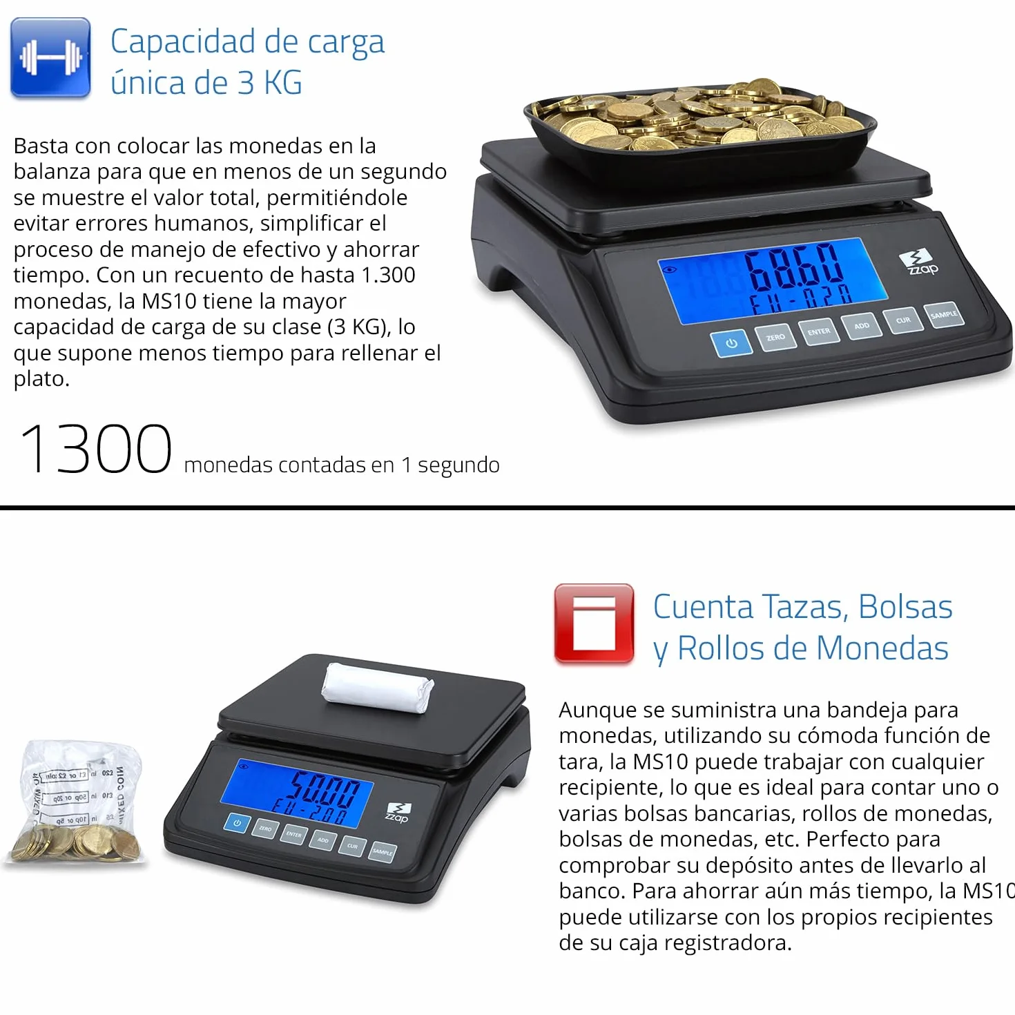 ZZap MS10 Báscula contadora de monedas 5 divisas 3 kg pantalla retroiluminada batería