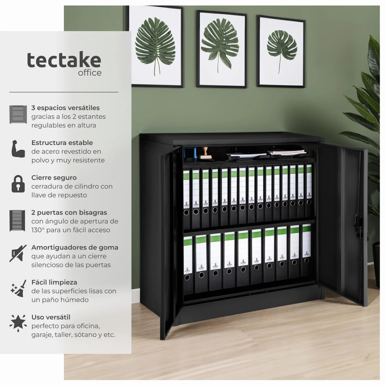 Tectake Armario Metálico con 3 Cajones Bloqueable, Estantes Ajustables, 90x90x40cm Negro