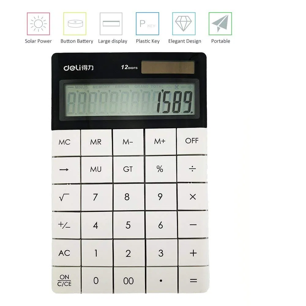 Deli 1589 - Calculadora electrónica de doble potencia solar y funciona con pilas, 12 dígitos blanco