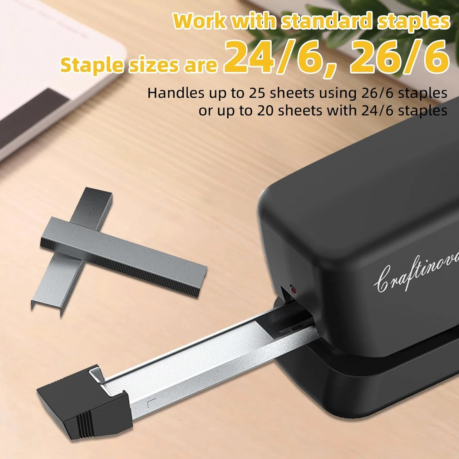 Grapadora eléctrica de escritorio Craftinova, engrapadoras automáticas sin atascos, capacidad para 25 hojas, con 1 removedor de grapas, 2000 grapas, recarga fácil, alimentada por CA o batería, buena