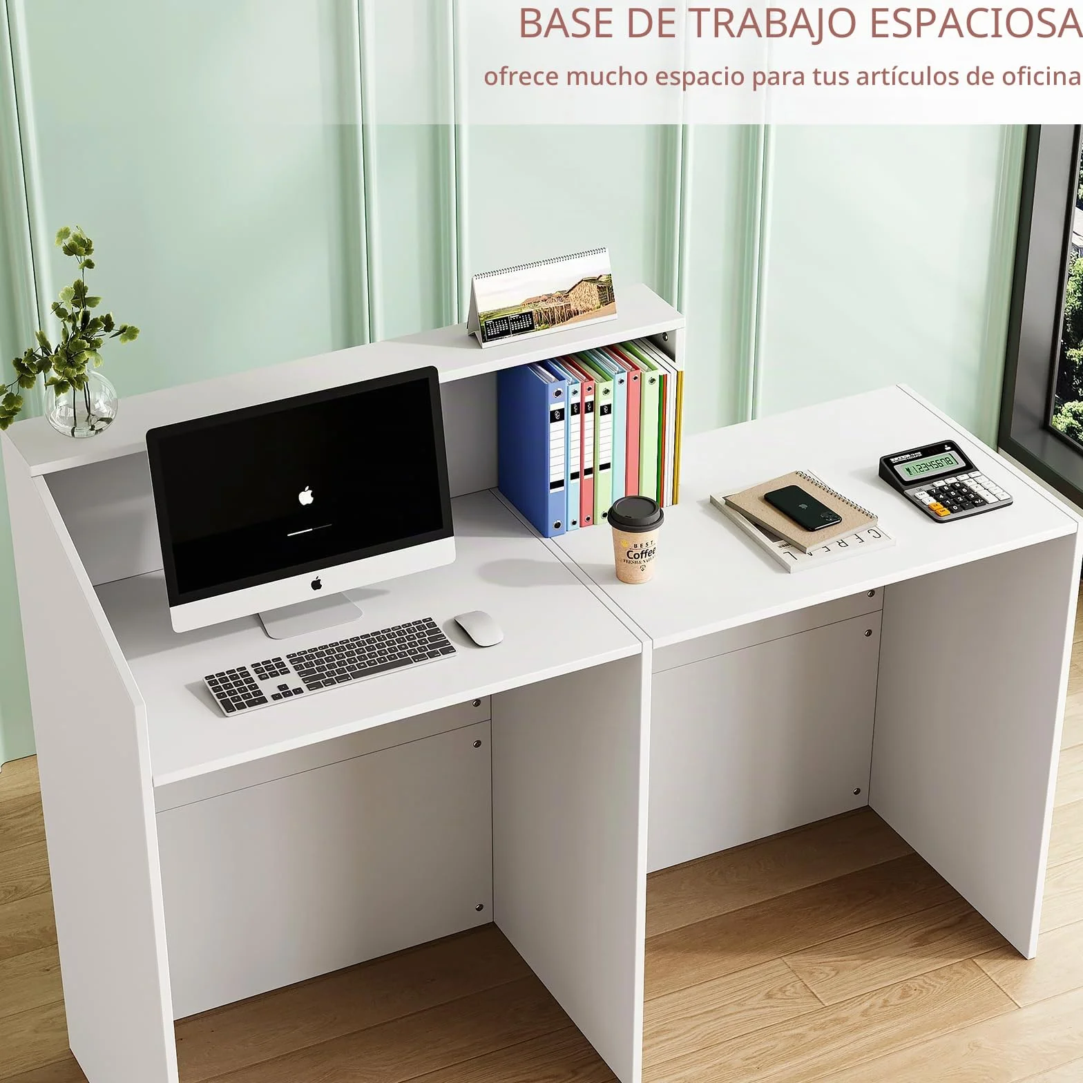 Mostrador de recepción blanco 133 x 45 x 100 cm, mesa de oficina con gran superficie de trabajo