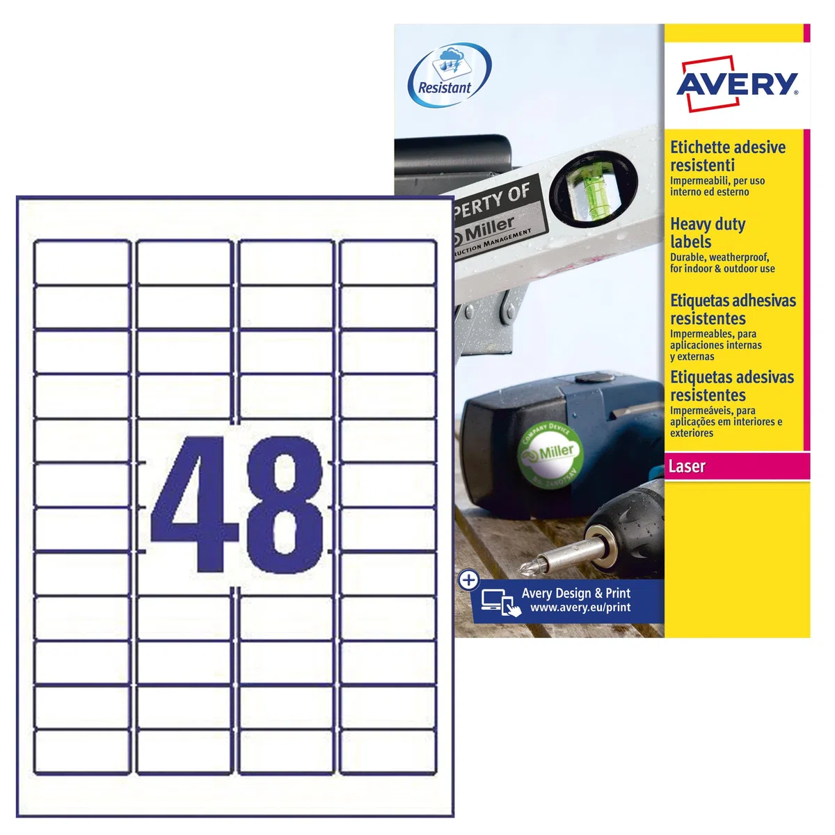 Avery España L4778-20 -Etiquetas blancas resistentes intemperie y agua,45,7x21,2 m, Caja de 960 etiquetas