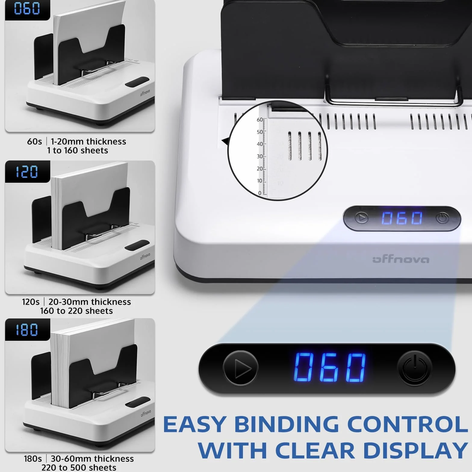OFFNOVA Encuadernadora térmica de 500 hojas, sin precalentamiento, refrigeración por aire, 3 ajustes de tiempo, compatible con A3/A4/A5/Letter, incluye 10 tapas de encuadernación para oficina y