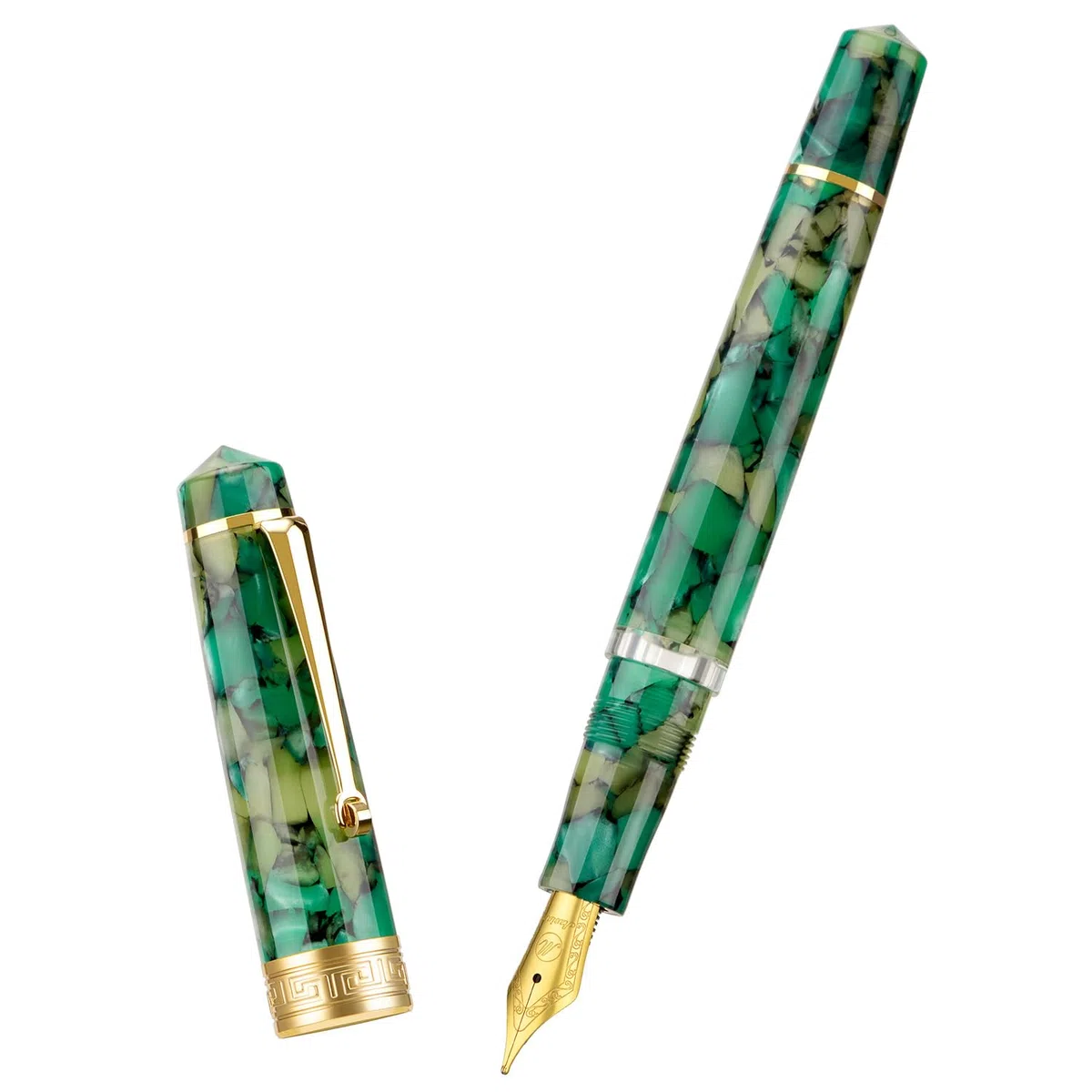 Asvine P20 Piston Pluma estilográfica de punta extrafina, mármol verde, acrílico y borde dorado, colección de escritores suaves con juego de estuche