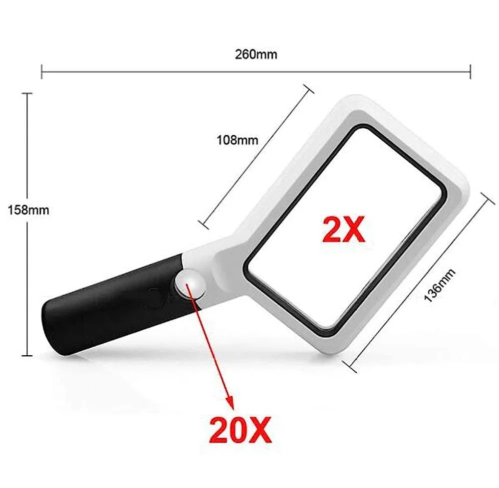 Lupa, Lupa De Mano con Luz Led, Lente Acrílica 2X/20, Lupa Portátil Iluminada para Lectura De Libros Y Periódicos.,