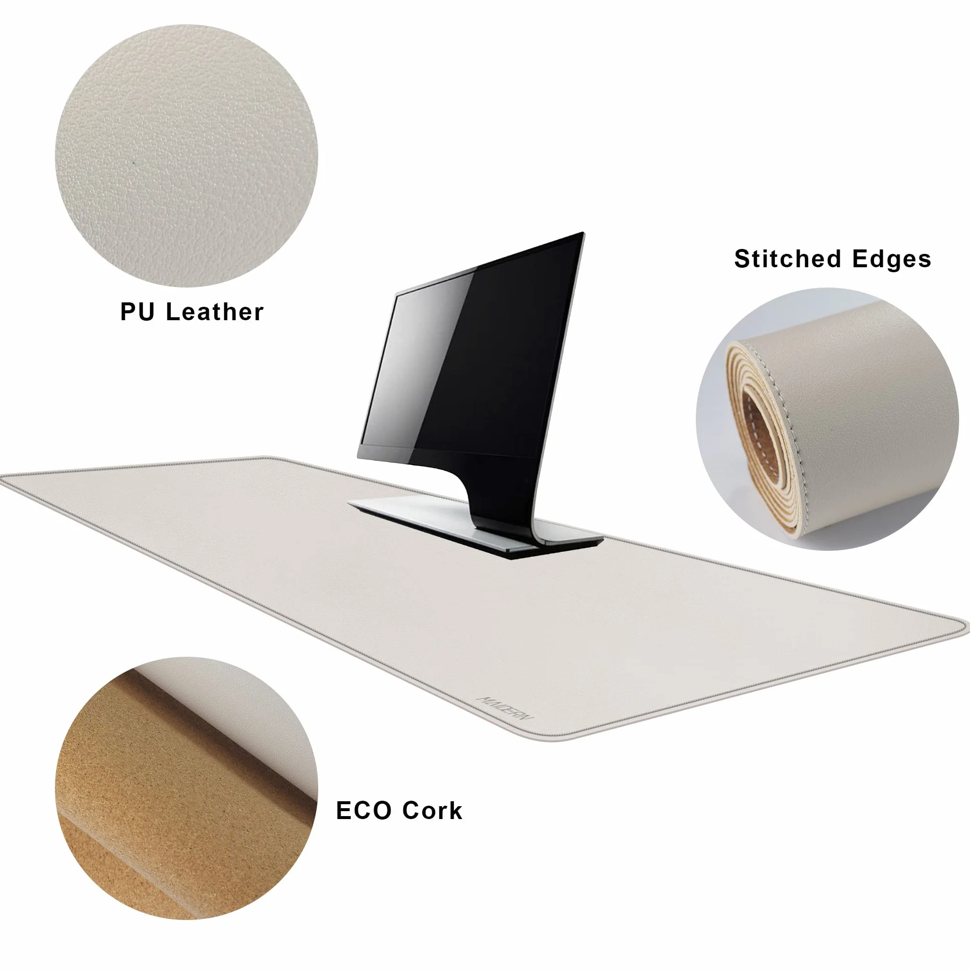 MAIDERN Alfombrilla de escritorio de corcho y piel de,140x60cm alfombrilla ratón, XXL alfombrilla de escritorio de doble cara, protector mesa escritorio para juegos en casa y oficina (Crema)