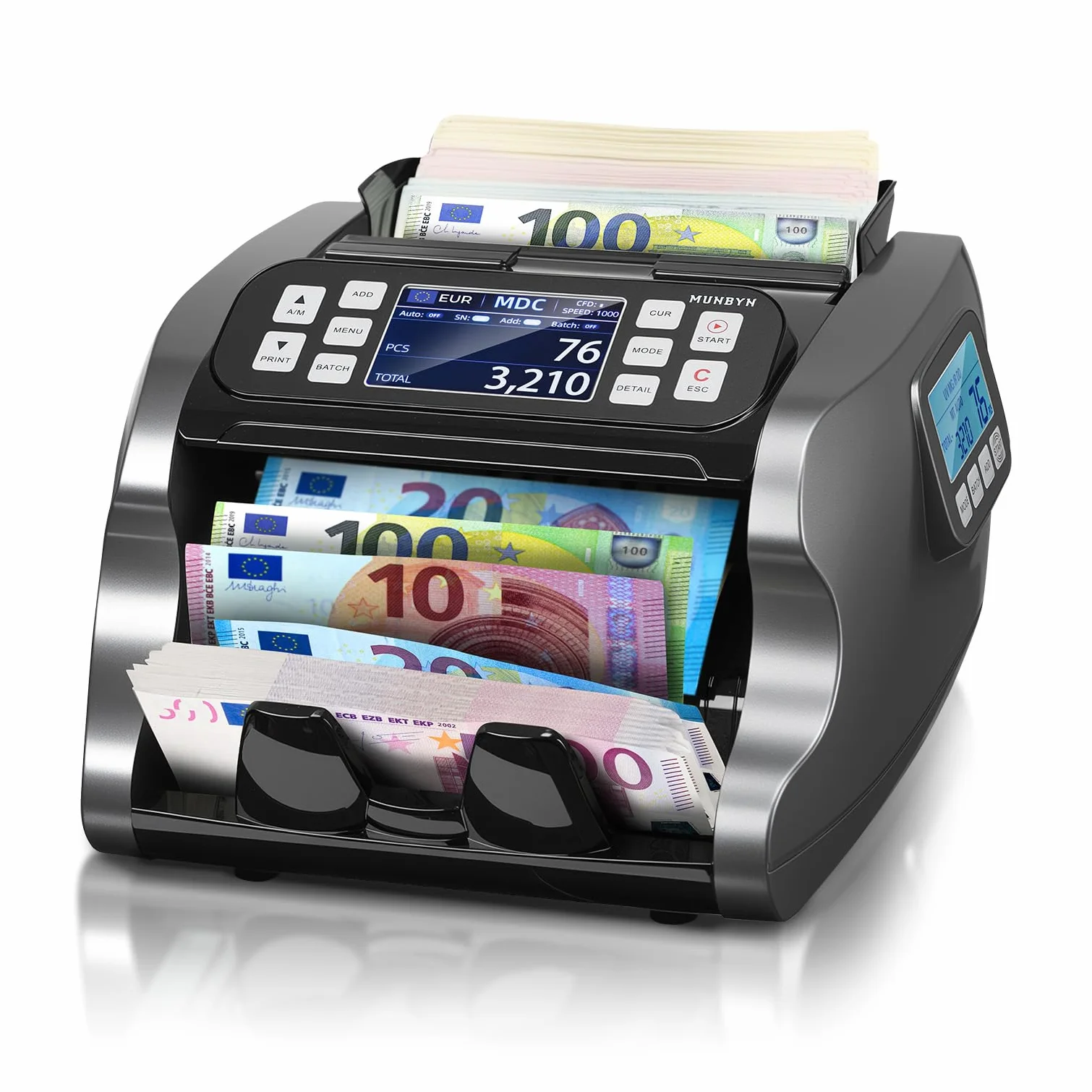 MUNBYN IMC22 Contadora de Billetes Mixto, Máquina Contar Billetes con Detector Falsos CIS/UV/IR/MG/MT, EUR USD CAD, 120 Divisas, Doble Pantalla
