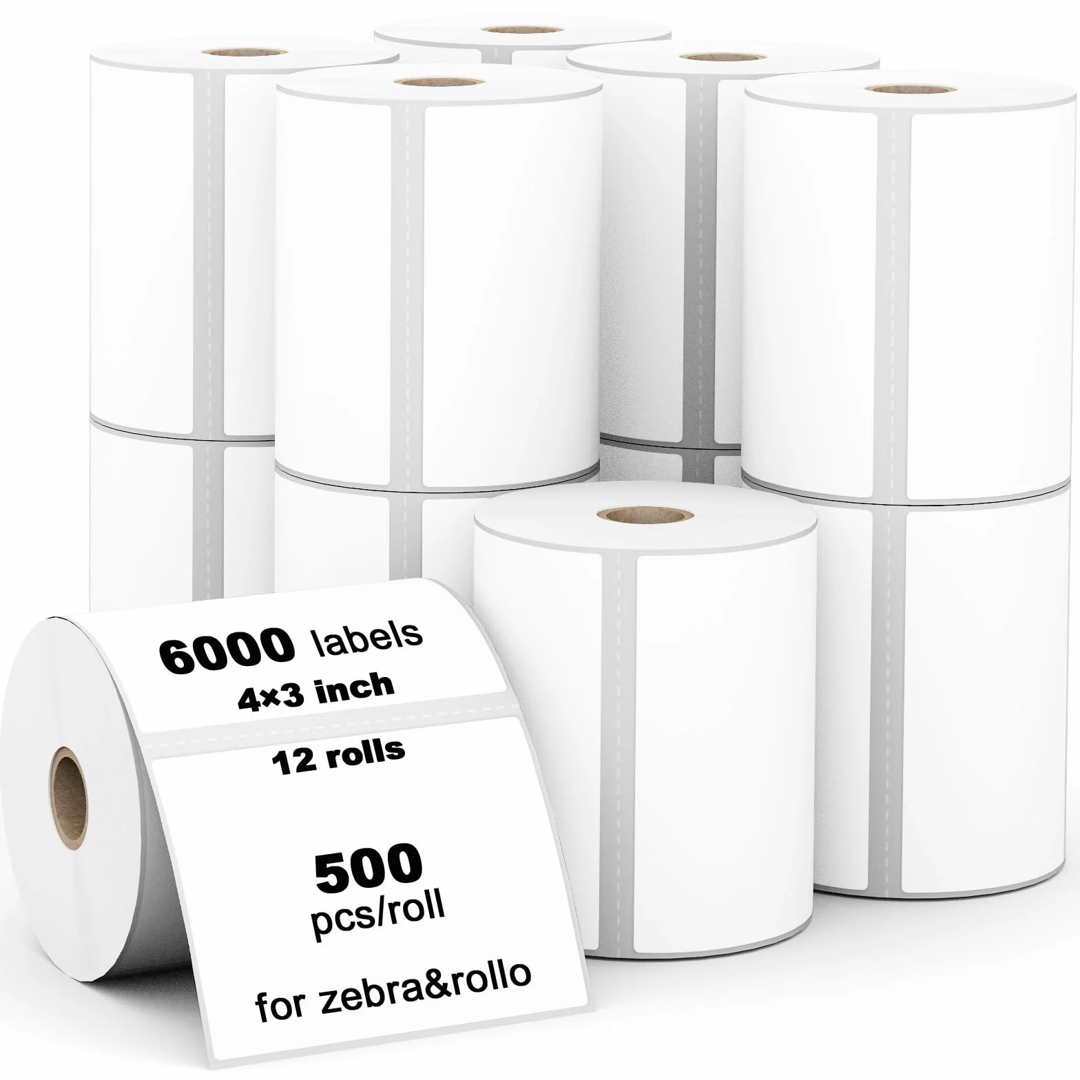 12 rollos de etiquetas térmicas directas de 4 x 3 pulgadas (101 mm x 76 mm), Pegatinas Multiusos compatibles con impresoras de escritorio Zebra e impresora de etiquetas en rollo para envío,