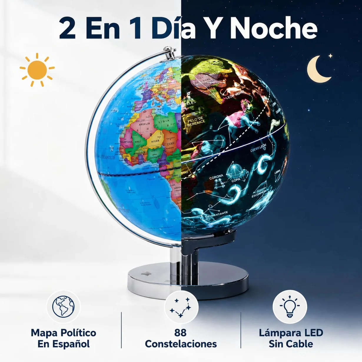 EXERZ Globo Terráqueo Iluminado 23 cm Mapa Español Y Constelaciones Lámpara LED Sin Cable Base Metálica Cromada Modo Día Noche