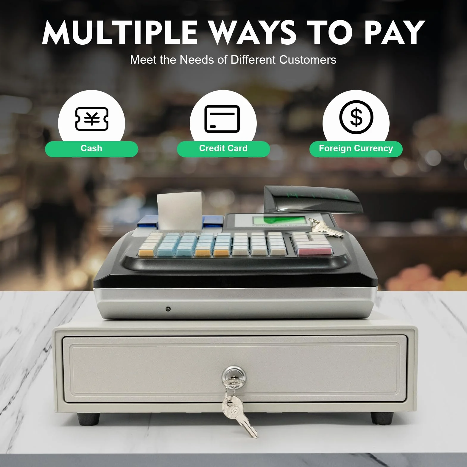 Caja registradora | Cajón de efectivo | Sistema POS | Sistema POS al por menor | Caja registradora para el comercio | Pantalla LED del cliente | Impresora térmica Connectable | Teclado Hub 48 teclas
