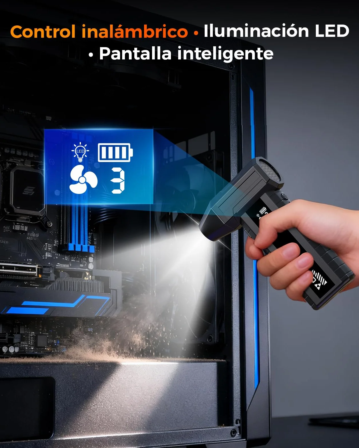 Soplador de Aire Potente – Mini Soplador Batería 200.000 RPM, 10.500 mAh, para Limpieza PC & Teclado, LED, Pantalla Inteligente, Recarga USB-C
