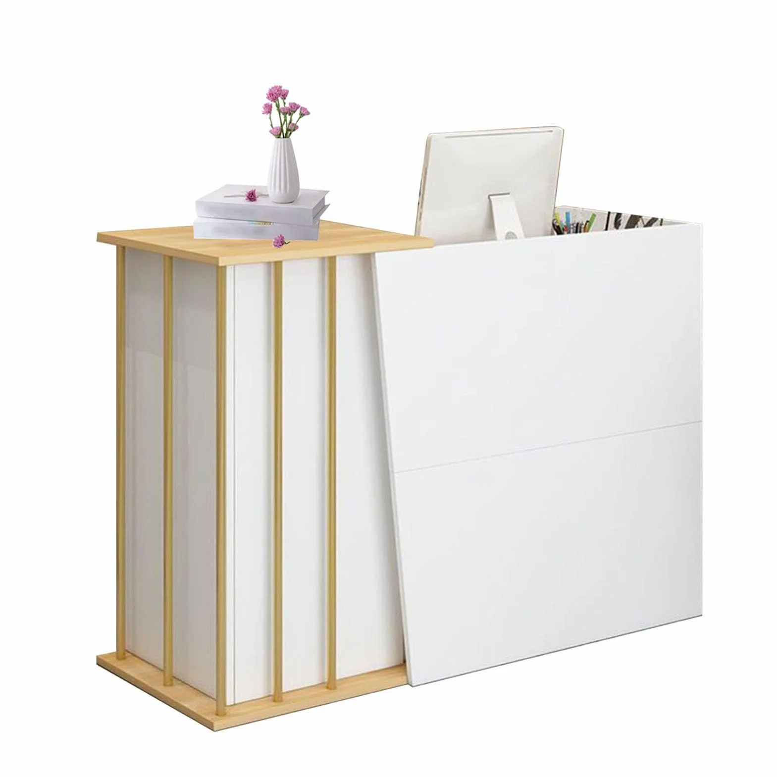 Mostrador de Recepción, con 4 Espacios de Almacenamiento y Cajón, Mostrador de Recepción con Patas de Acero, para Recepción(Size:120cm,Color:Blanco)