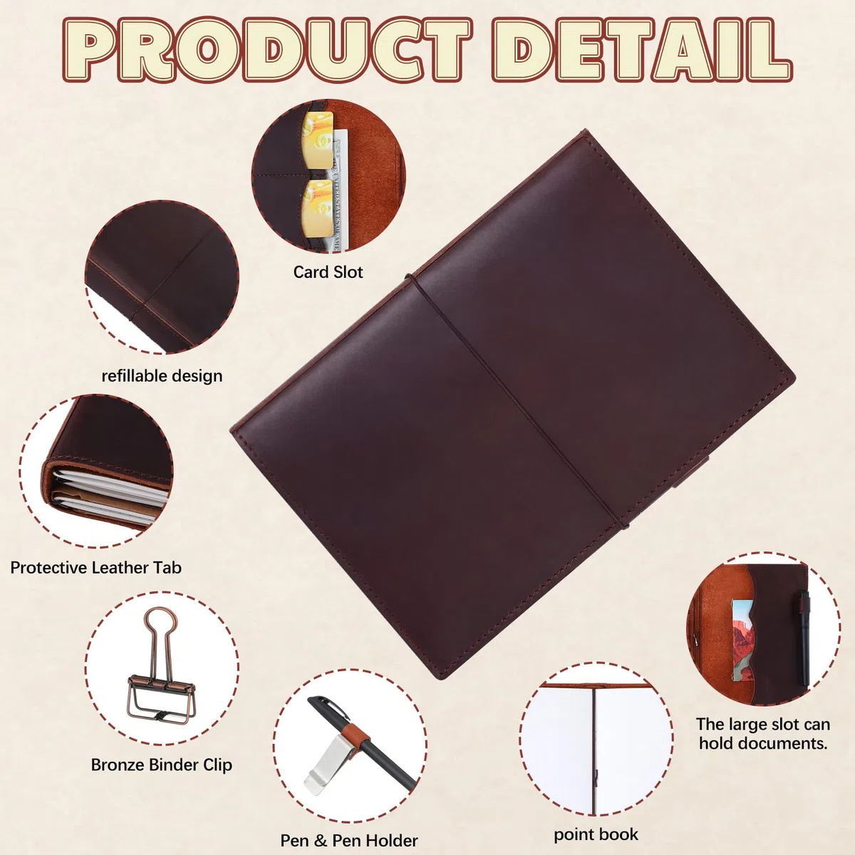 Eaasty El kit de accesorios para viajeros incluye funda de cuero para cuaderno con bolsillos interiores, recambio de cuaderno de viaje A5, soporte para bolígrafo, clip para carpeta y bandas elásticas
