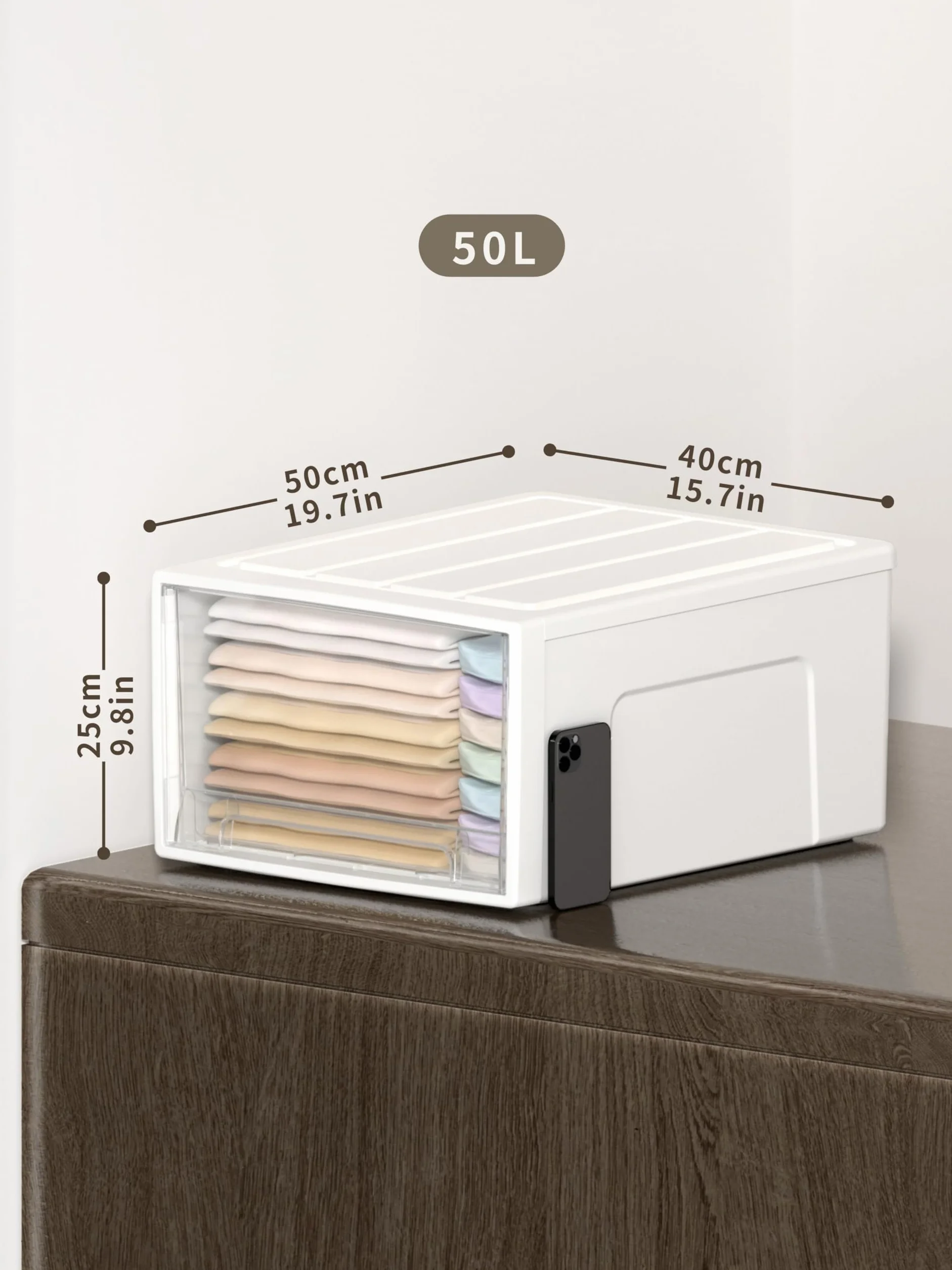 Cetomo 50L*3 Cajones de Almacenamiento de Plástico, Organizadores para Escritorio de Oficina, Caja de Almacenamiento, Torre Apilable para Cosméticos, Resistente, Blanco, Transparente, 50L-3 Unidades