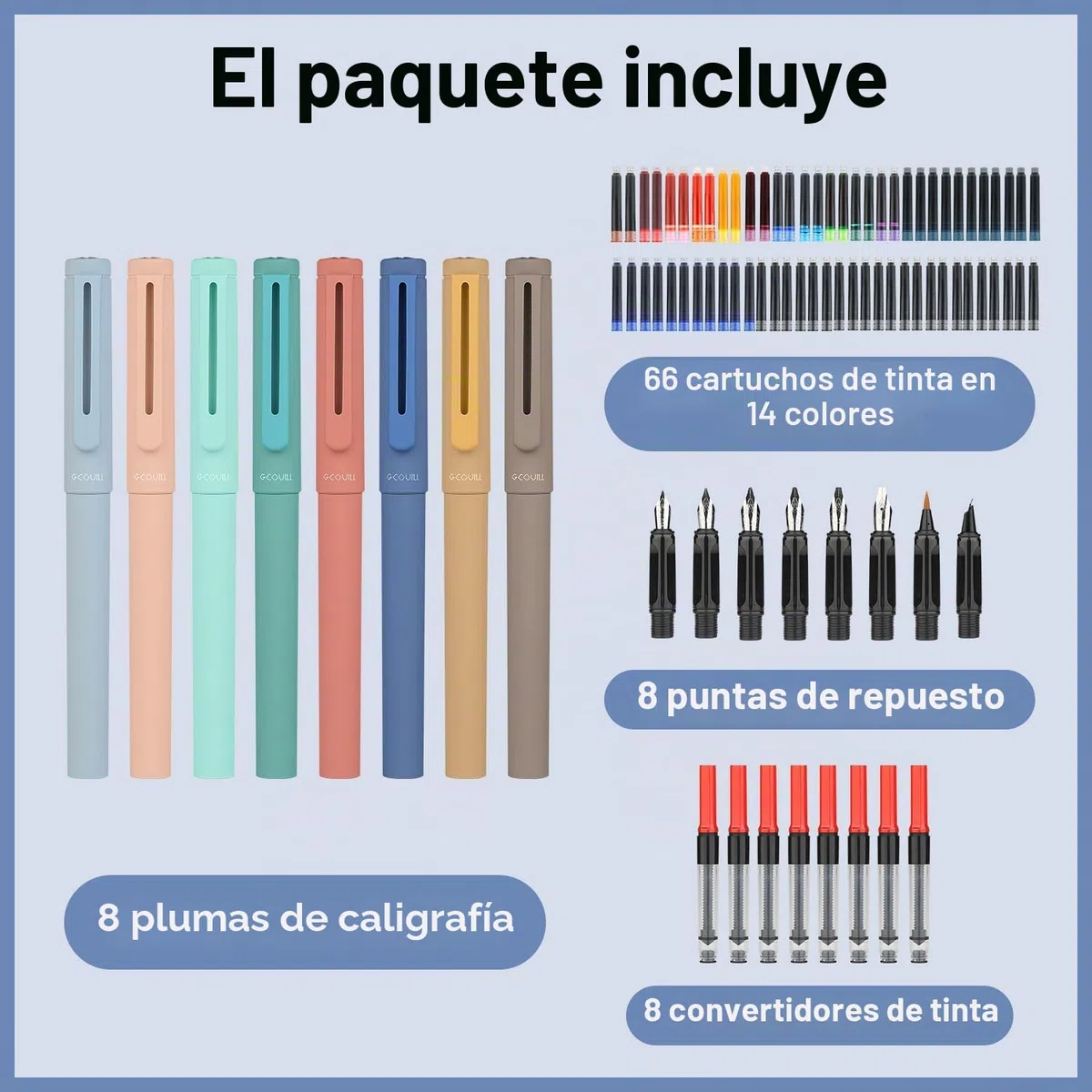 8 plumas estilográficas de caligrafía con diferentes plumines, 66 cartuchos de tinta (14 colores) - Escritura, dibujo, ejercicios de caligrafía para principiantes