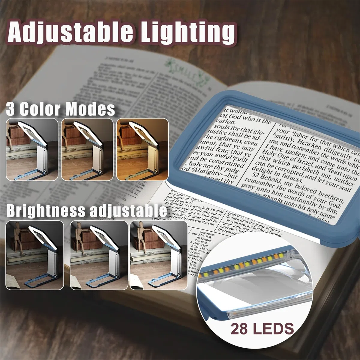 Lupa de 10 aumentos con luz y soporte, lente de cristal real, lupa de mano plegable recargable, 3 modos de color, lupa de página iluminada regulable para leer impresiones finas, personas