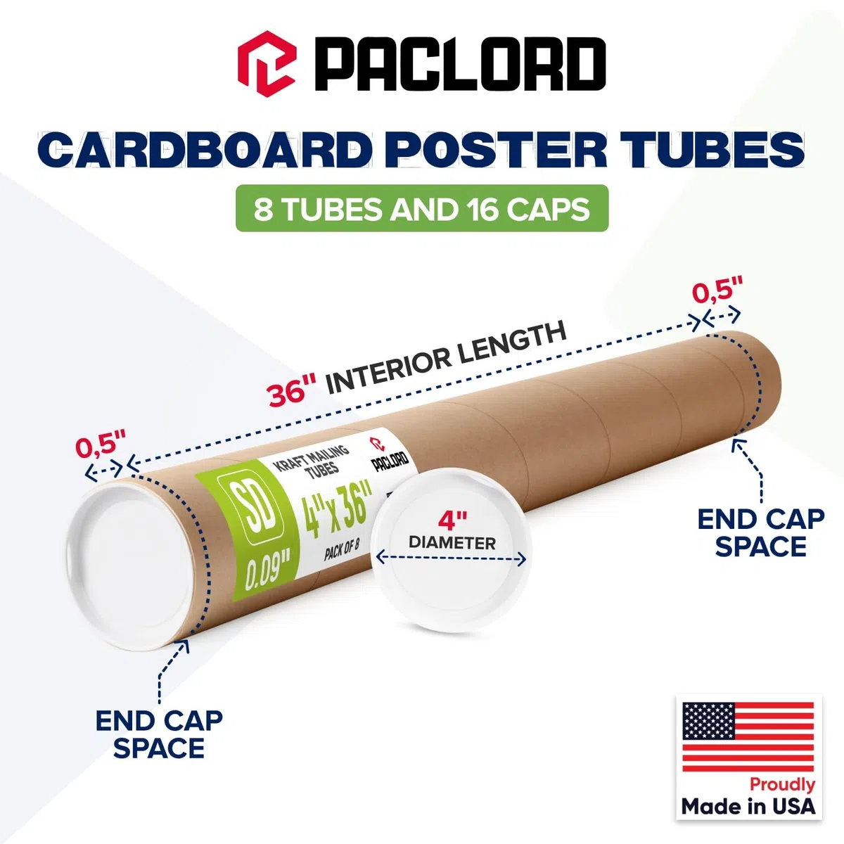 Tubos de correo de papel kraft reforzados de 4 x 36 pulgadas, paquete de 8 tubos con 2 tapas cada uno, tubo de póster aprobado por USPS, tubo de cartón fabricado en Estados Unidos para enviar y