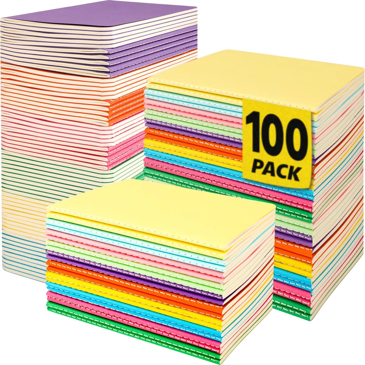YesBes Paquete de 100 mini cuadernos de composición a granel, cuaderno de bolsillo pequeño de 3.5 x 5.5 pulgadas, cuaderno de colores de rayas anchas, 10 colores, 24 hojas (48 páginas) para viajeros