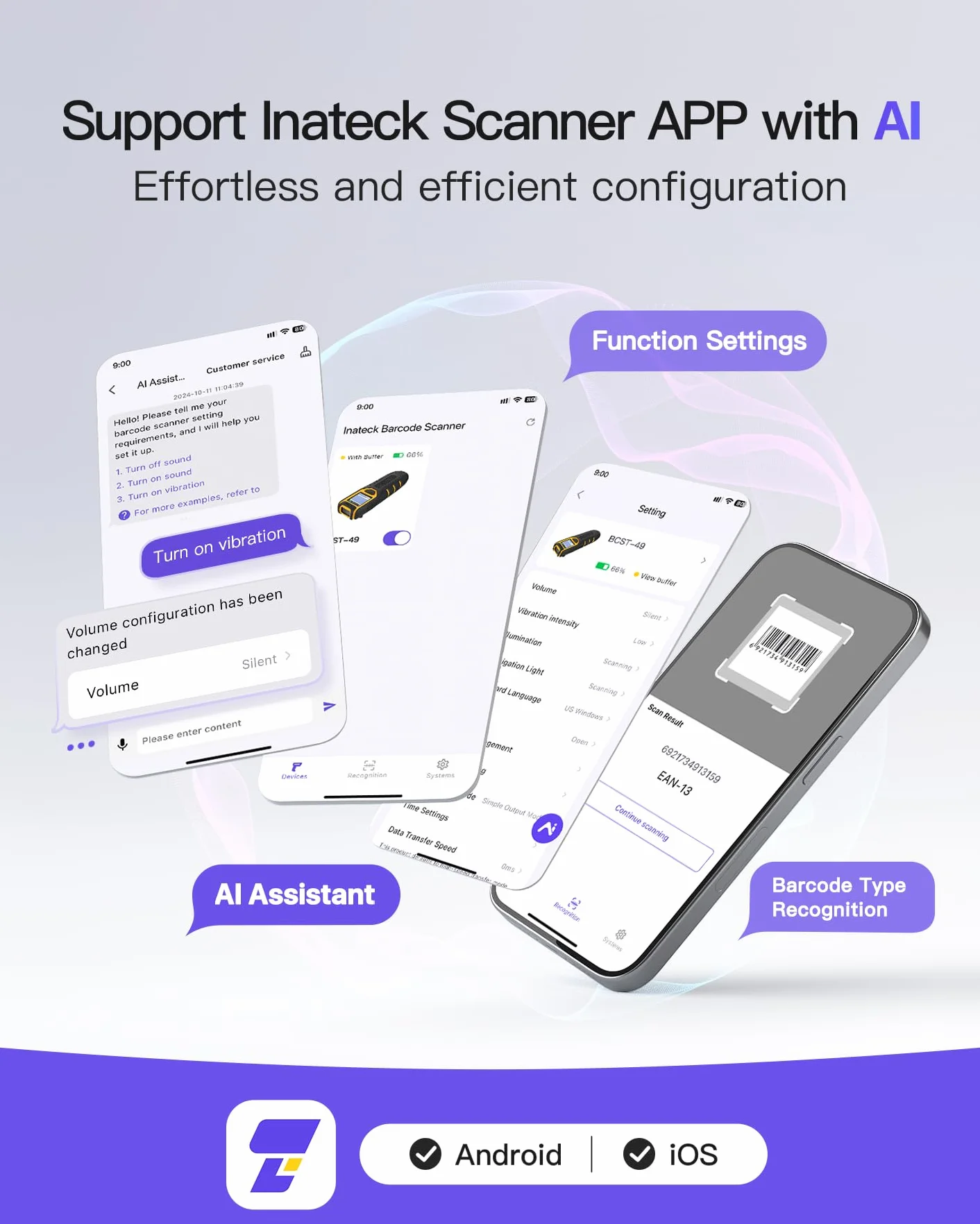Inateck Lector de Códigos de Barras Inalámbrico Portátil 1D con Pantalla, Batería 1000 mAh de Larga Duración, 105 g, con App y SDK, Compatible con iOS Android PC POS, BCST-49