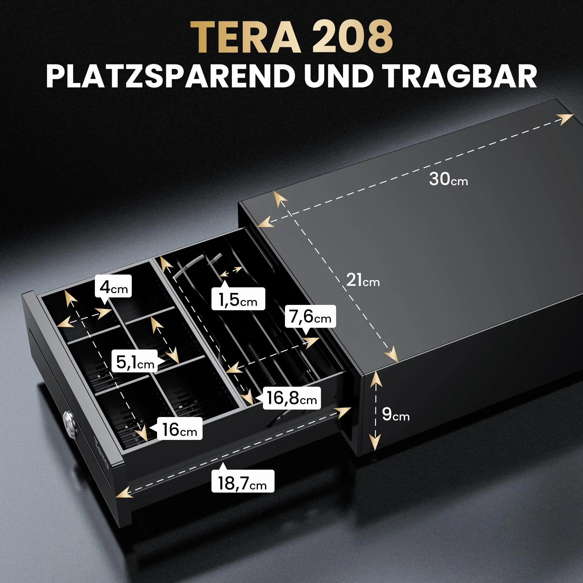 Tera Cajón Portamonedas Ajustable : 20,8 × 30 × 9,8 cm con 4 Compartimentos Billetes 6–8 Compartimentos Monedas Ranura de Depósito 2 Llaves Conexión RJ12 para Sistema POS Tiendas Supermercados 208