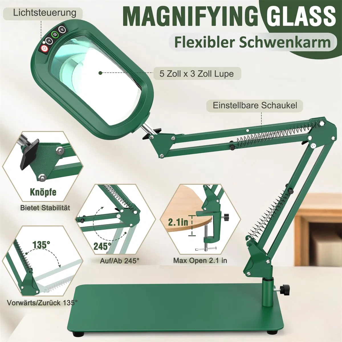 Veemagni Lupa Rectangular 12X con luz y Soporte, 5 Modos de Color Regulable sin Niveles, lámpara de Escritorio 2 en 1 iluminada LED y Abrazadera, Manos Libres Lupa de Lectura para Leer artesanía