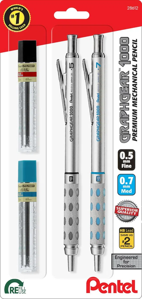 Pentel GraphGear 1000 - Portaminas de dibujo automático, de metal, 0,5 y 0,7 mm, con minas de recambio | Portaminas de metal de alta calidad