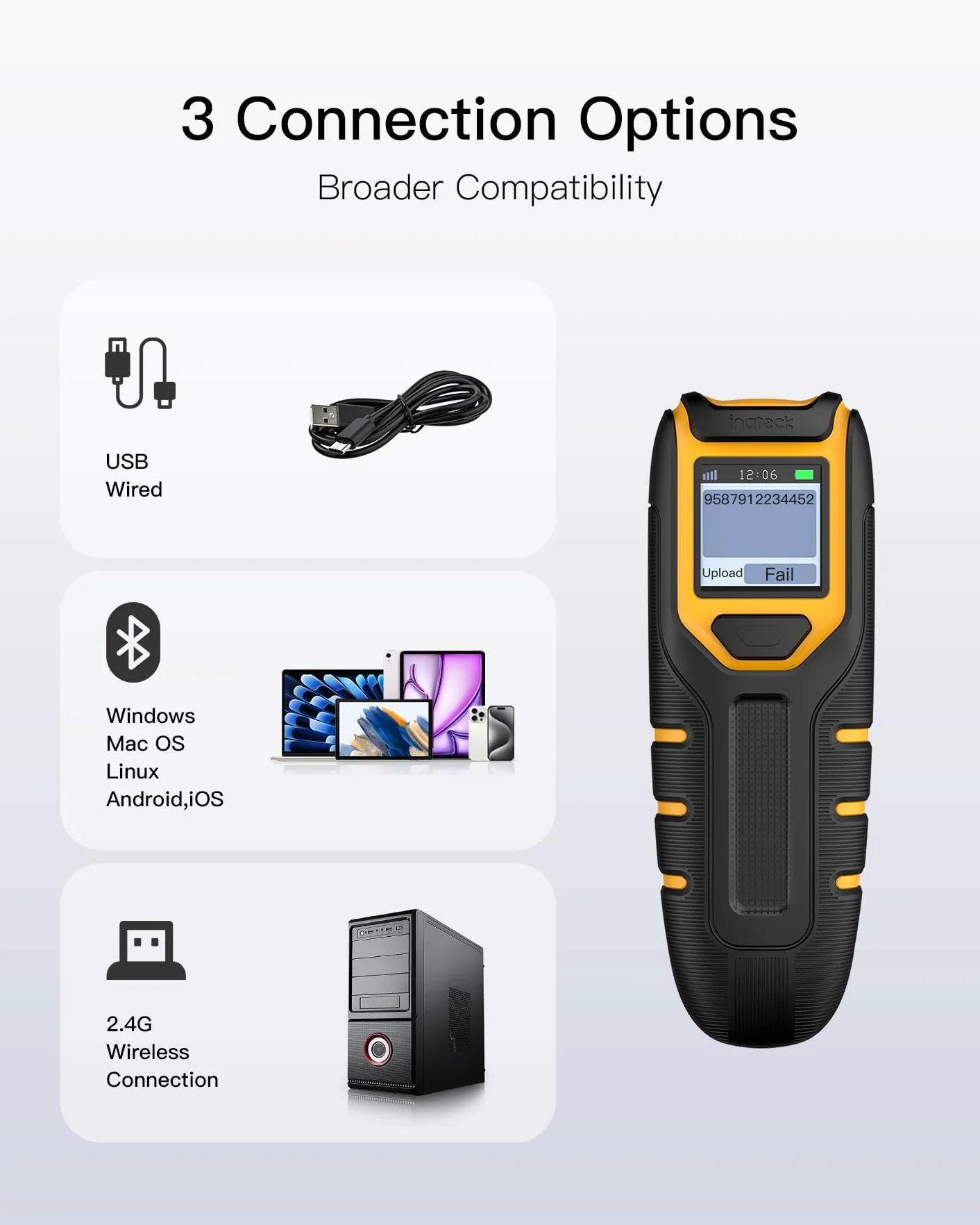 Inateck Lector de Códigos de Barras Inalámbrico Portátil 1D con Pantalla, Batería 1000 mAh de Larga Duración, 105 g, con App y SDK, Compatible con iOS Android PC POS, BCST-49