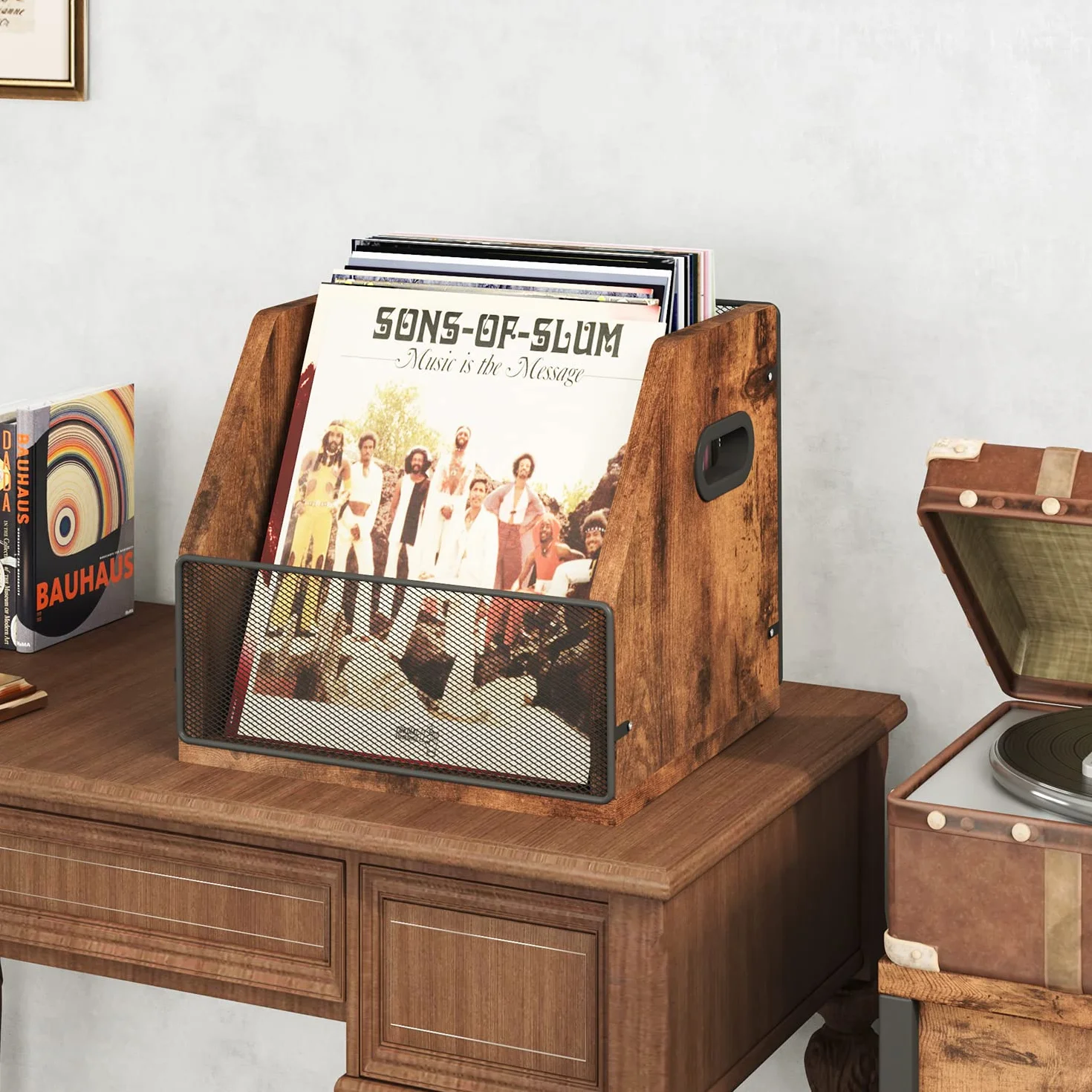 Homeiju Caja de almacenamiento de discos de vinilo de metal y madera, capacidad para hasta 60 discos, marrón rústico negro (1 paquete), portátil, uso en interiores, almacenamiento de música