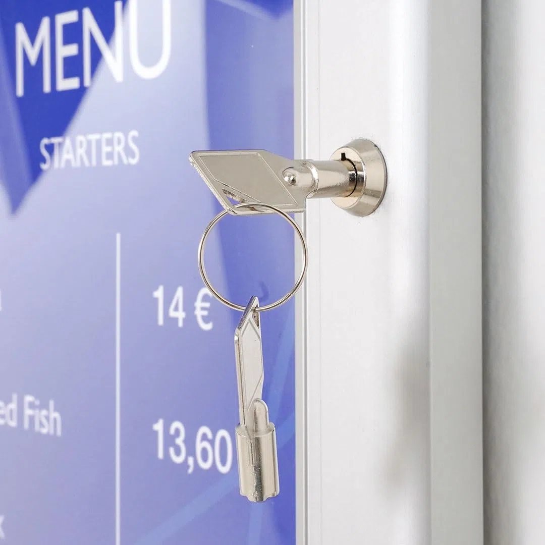 Danieli Store - Tablón de Anuncios Exterior Plateado para Menús - Tablón con Cerradura y Par de Llaves - Fácil Montaje en Pared - Superficie de Acero Magnético y Escribible (2x A4)
