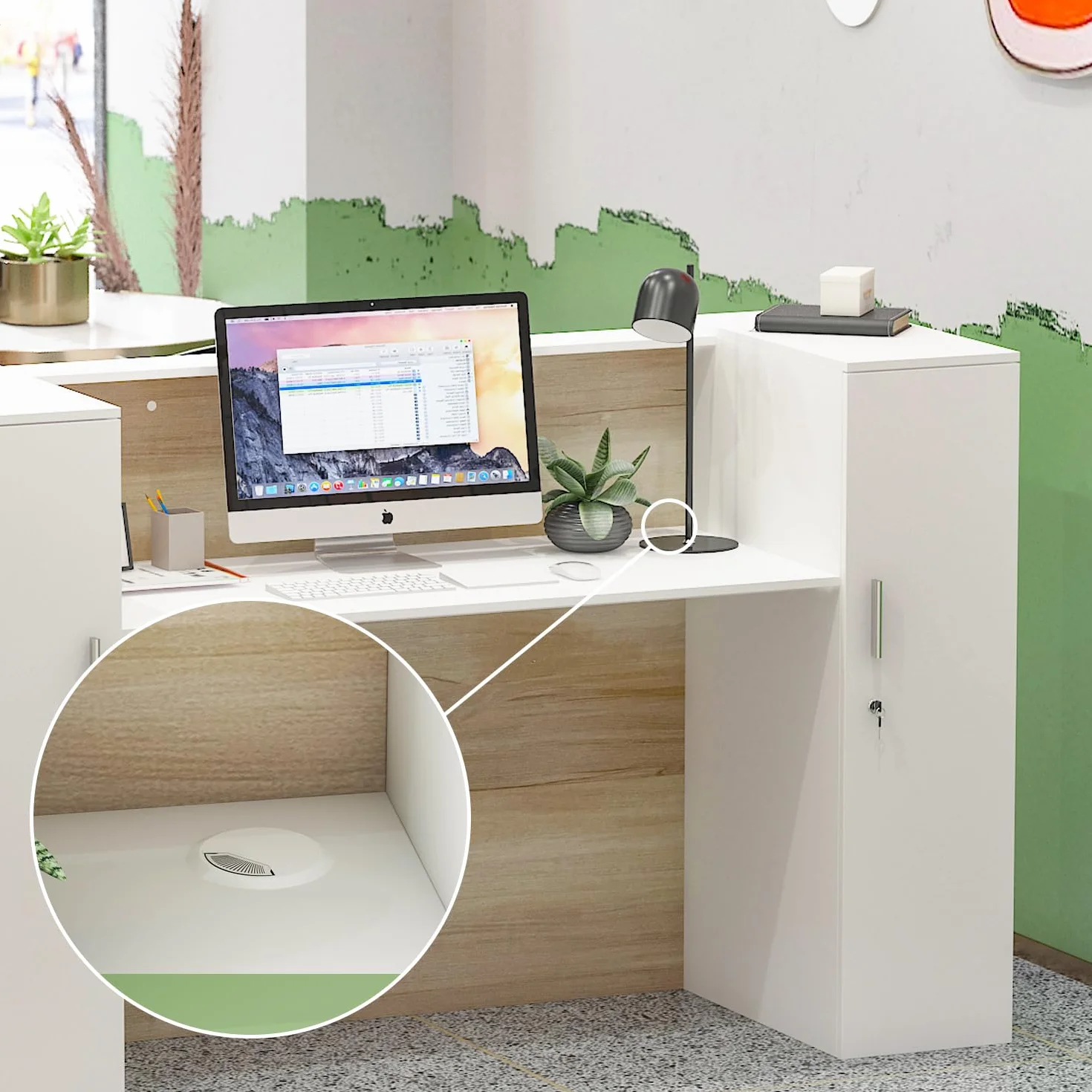 Mueble Recepción, Mostradores de Recepción Grandes, Mostradores para Tiendas con Estantes Ajustables, Recepción Mueble, Madera +Blanco, 180 X 60 X 110CM, MDF