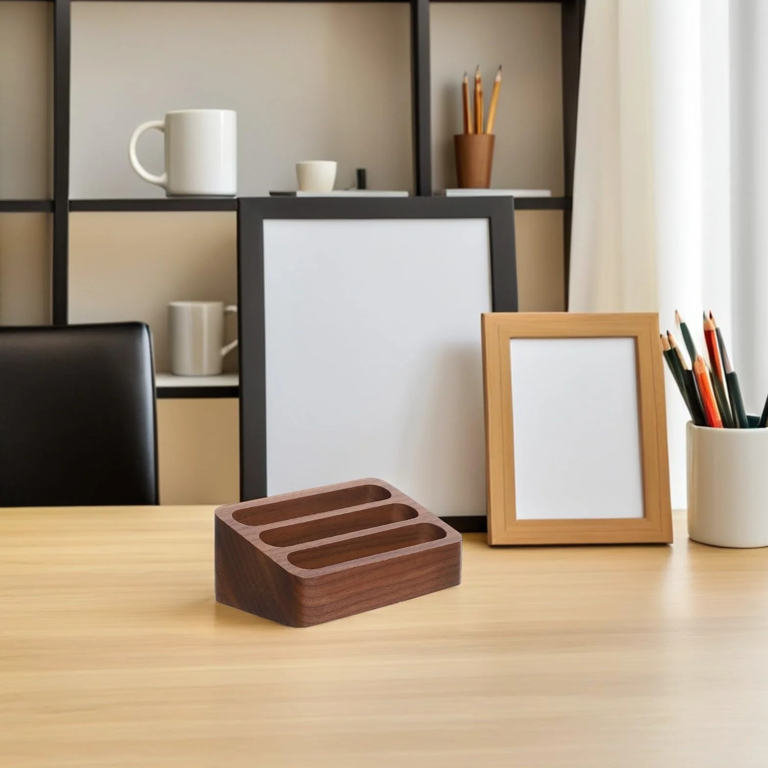 SHINEOFI 2piezas Tarjetero de Madera de Nogal Negro Estuche para Tarjetas de Visita Ranuras Pequeño Organizador para Oficina Hogar y Mesa de Escritorio