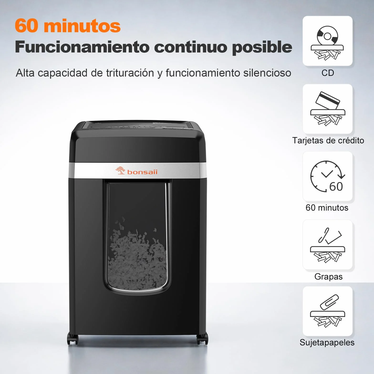 Bonsaii Trituradora de Documentos, Corte Micro P-4, con alimentación automática de 300 Hojas, 60 Minutos de Funcionamiento Continuo, contenedor de residuos de 31 litros, C291-A