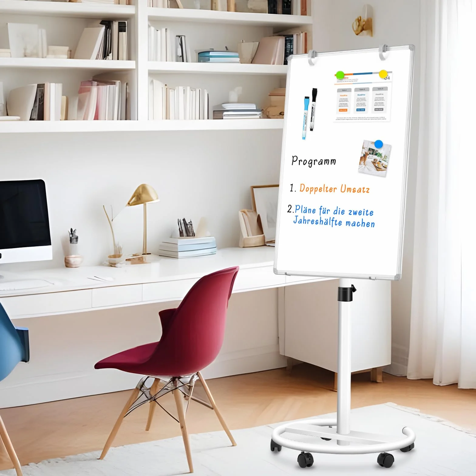 Pizarra blanca móvil, 60 x 90 cm Pizarra blanca magnética con soporte, pizarra flipchart ajustable en altura, pizarra blanca de pie de borrado en seco para oficina, enseñanza