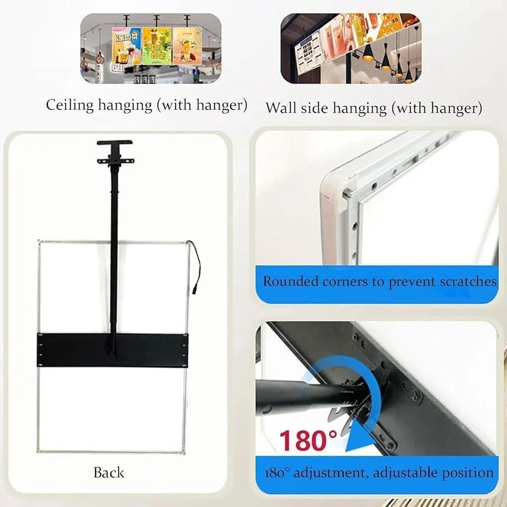 Caja de luz LED vertical con poste telescópico, tablero de menú retroiluminado delgado para montaje en pared, solución de pantalla digital para restaurantes y cafeterías