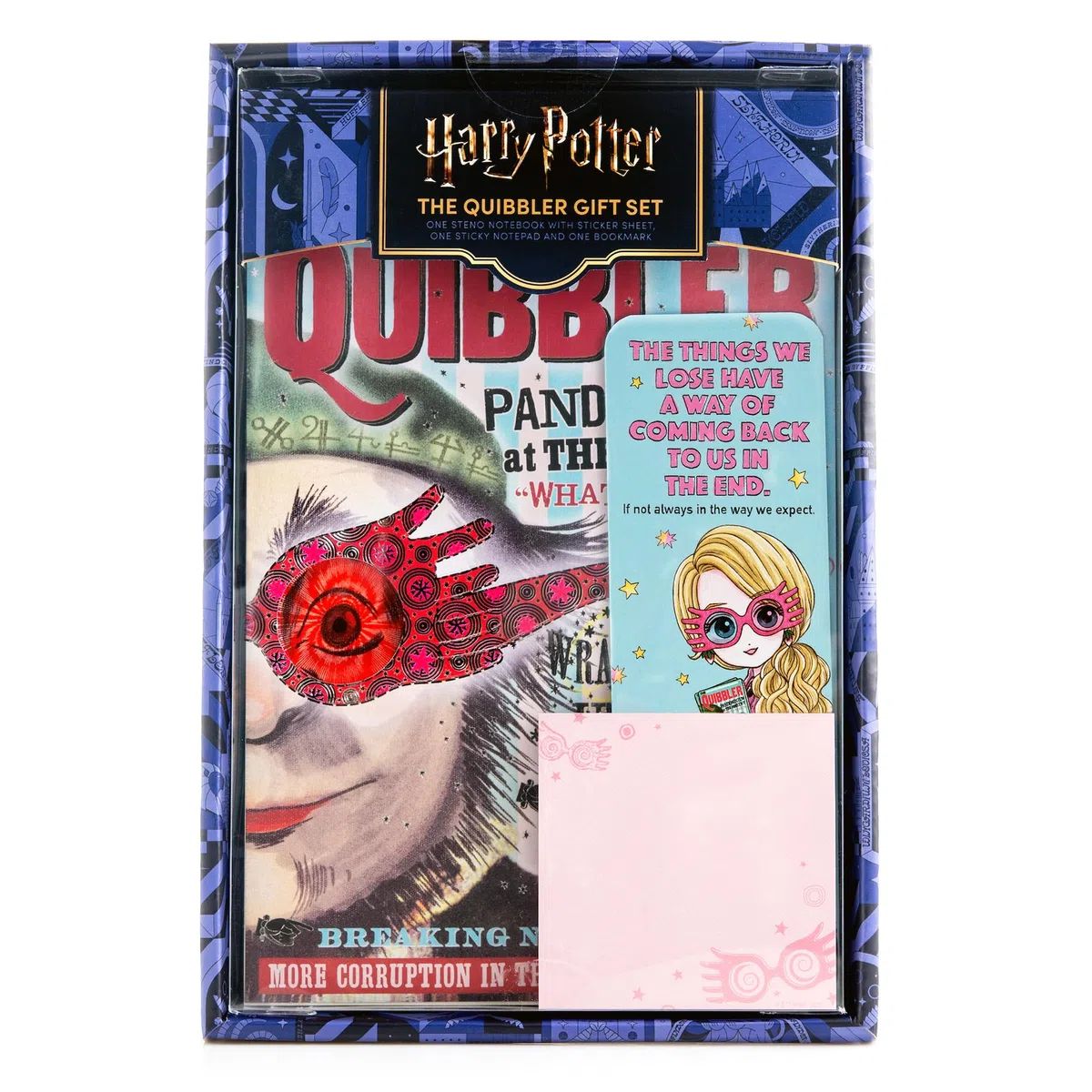 CON*QUEST Harry Potter The Quibbler Stationery - Juego de regalo de papelería duradero de 50 hojas de 6 x 9 pulgadas con hoja de calcomanías vibrantes, paquete de notas adhesivas y marcador Luna
