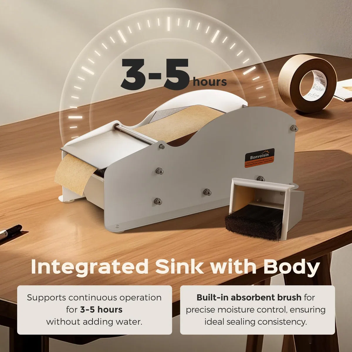 Bonvoisin Distribuidor Manual de Cinta Activada por Agua para Papel Kraft | Para Cinta Adhesiva 25-90 mm, Cuerpo de Acero, Cuchilla de Acero Inoxidable, Depósito de Agua para 3-5 Horas